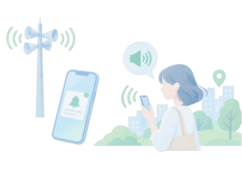 防災行政無線の放送をスマートフォンで聴くイメージ